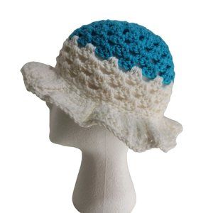 Bucket Hat granny handknit white turquoise blue kids sun hat